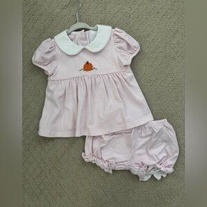 Pink Gingham Baby Dress Set with Pumpkin Embroidery